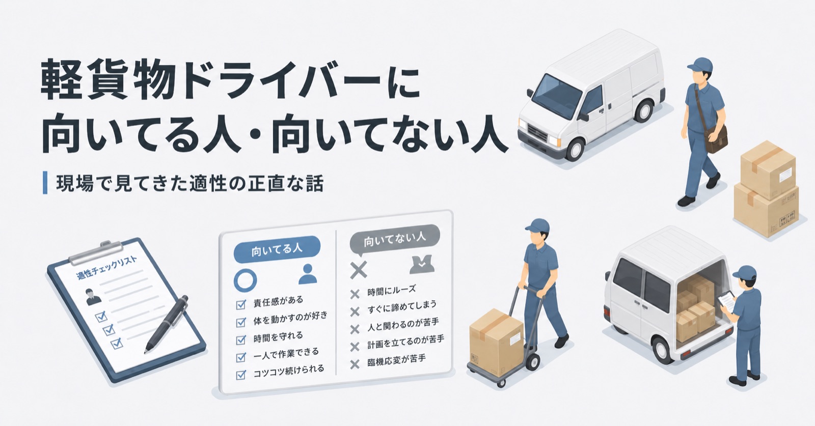 軽貨物ドライバーに向いてる人・向いてない人の適性チェックリストと配送作業のイラスト